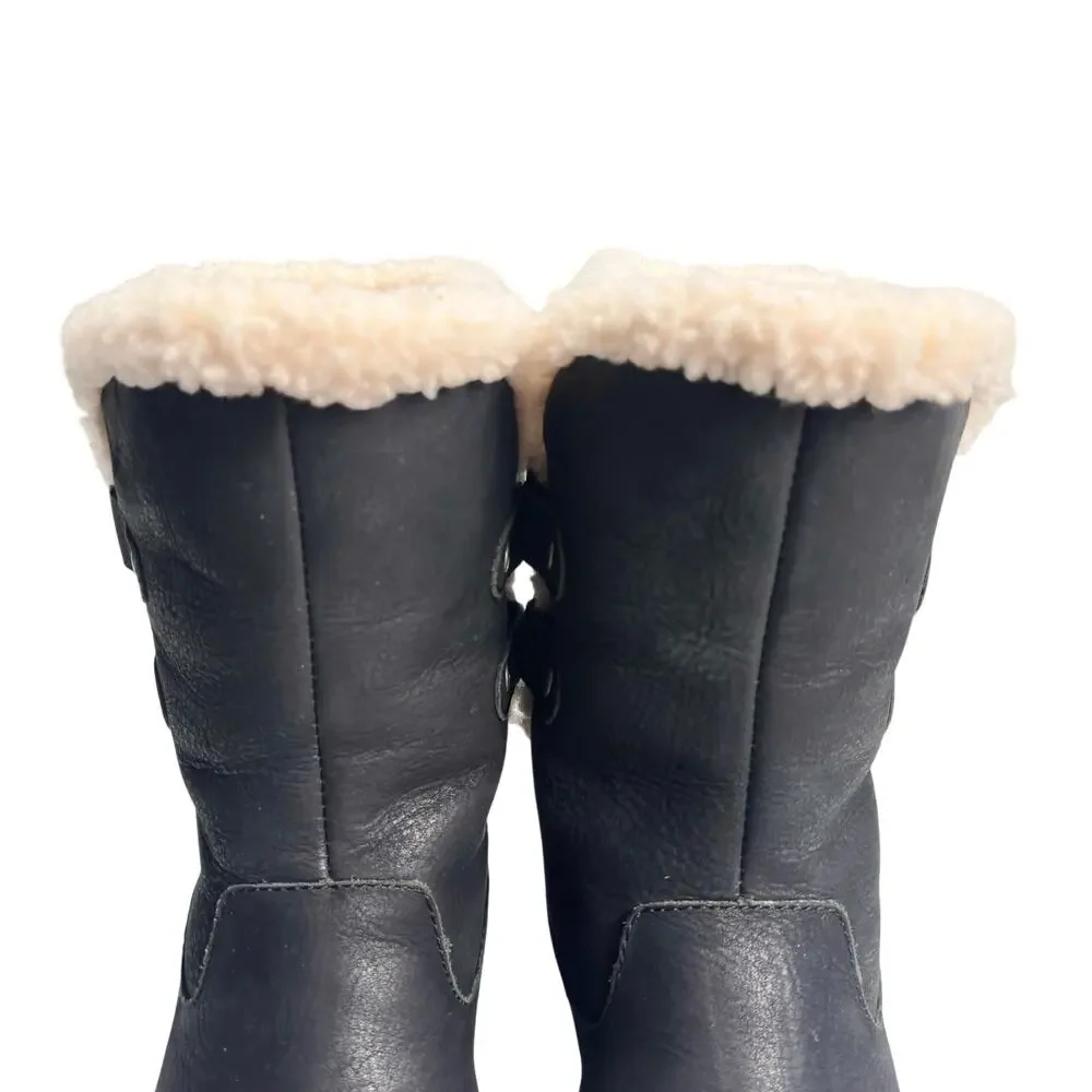 Ugg | Women | Akadia Black Leather Sheepskin Fur Pull On Fall Boots | Size US 7
